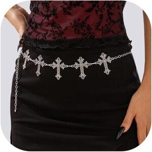 Waist Chain Belt for Women,Silver Cross Pendant Waist Body Chain,35Inch Long